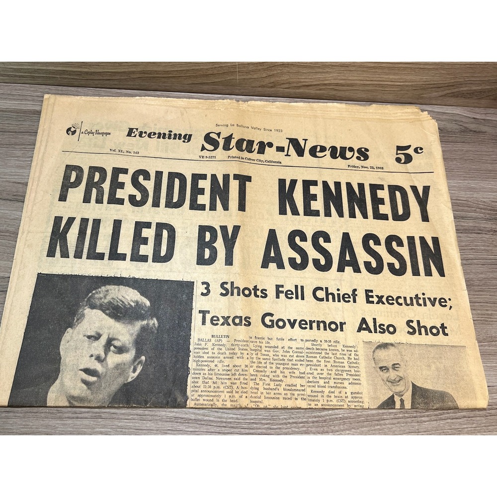 Rare Same Day Evening Star News President Kennedy Killed By Assassin Newspaper‎